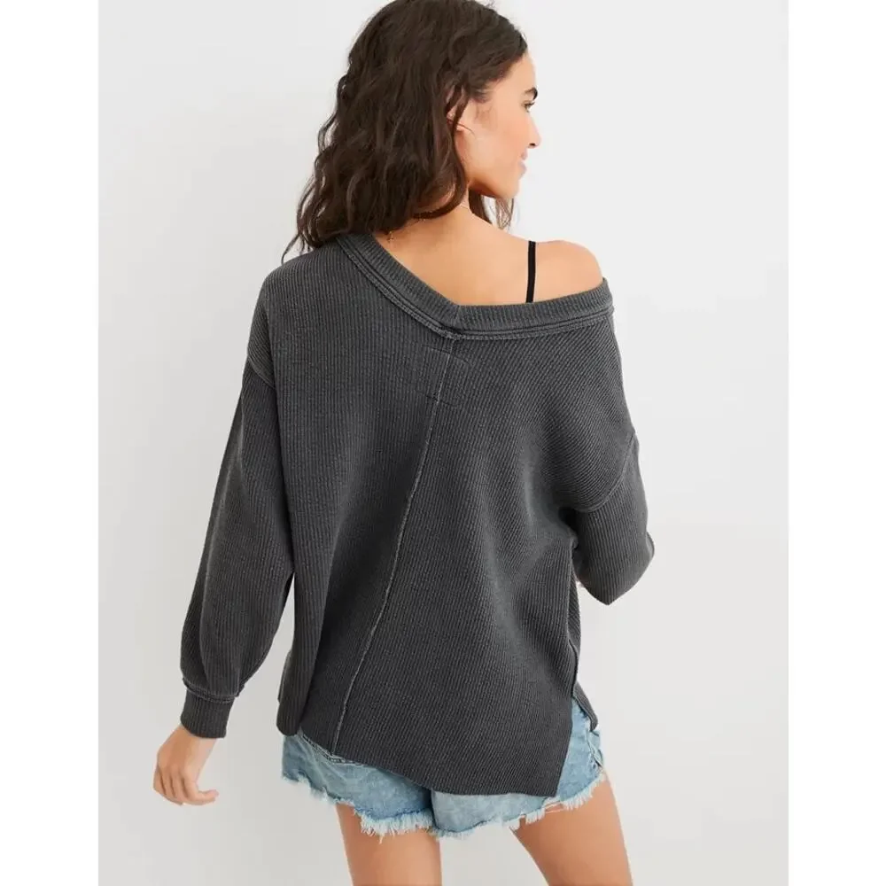 AERIE Gray Wonder Textured V-Neck Pullover Sweatshirt Size XS Oversized Women’s